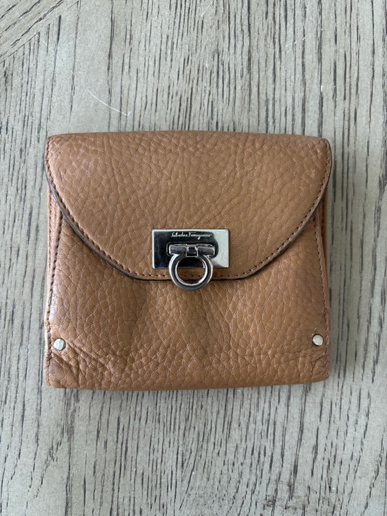 Salvatore Ferragamo Handbags - Salvatore Ferragamo Tan Pebbled Leather Gancini Compact Wallet Card Holder